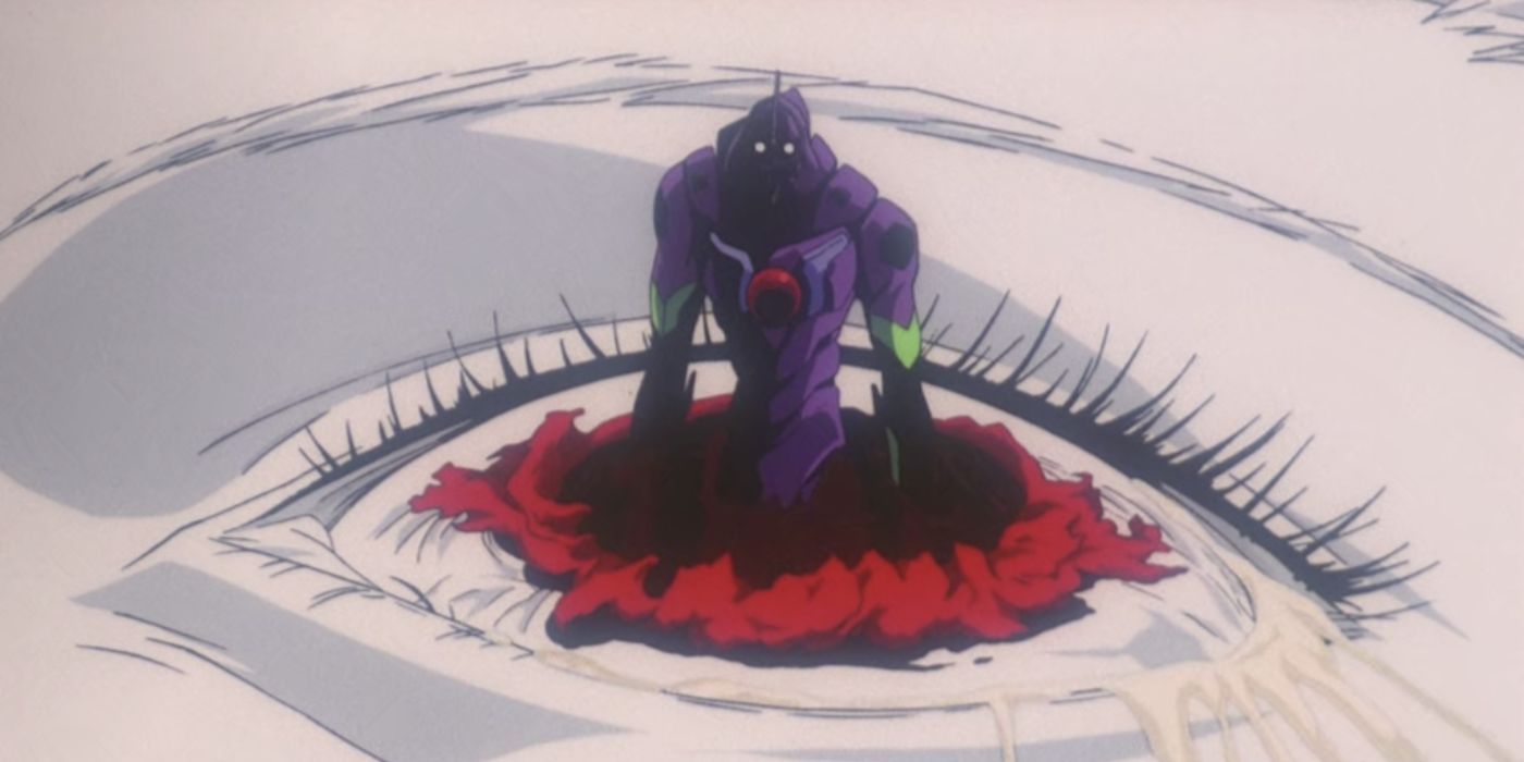 Eva Unit 1 stands in giant Rei's eye in End of Evangelion