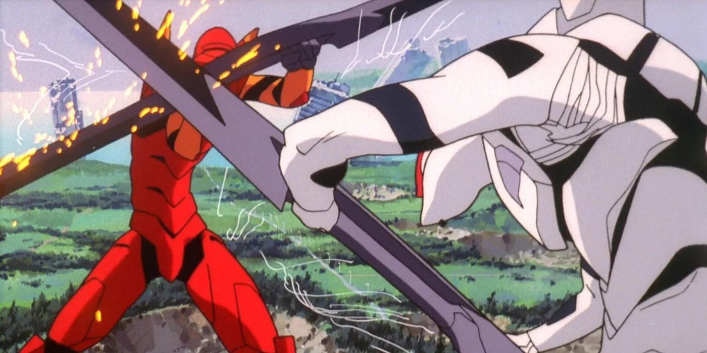 Evangelion Unit 2 fighting an Angel in End of Evangelion