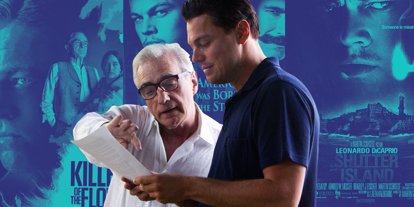 Image of Martin Scorsese and Leonardo DiCaprio reading a script, superimposed over a collage of various movie posters