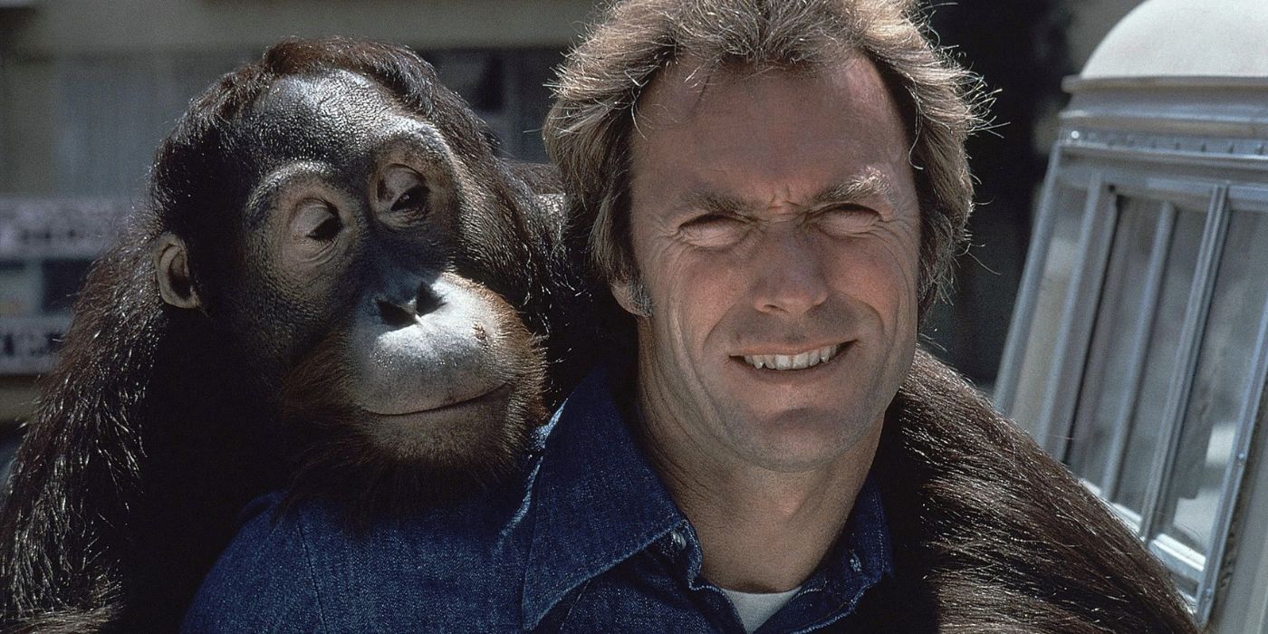 Clint Eastwood smiling with an orangutan, who has his arm around his shoulder in Every Which Way But Loose