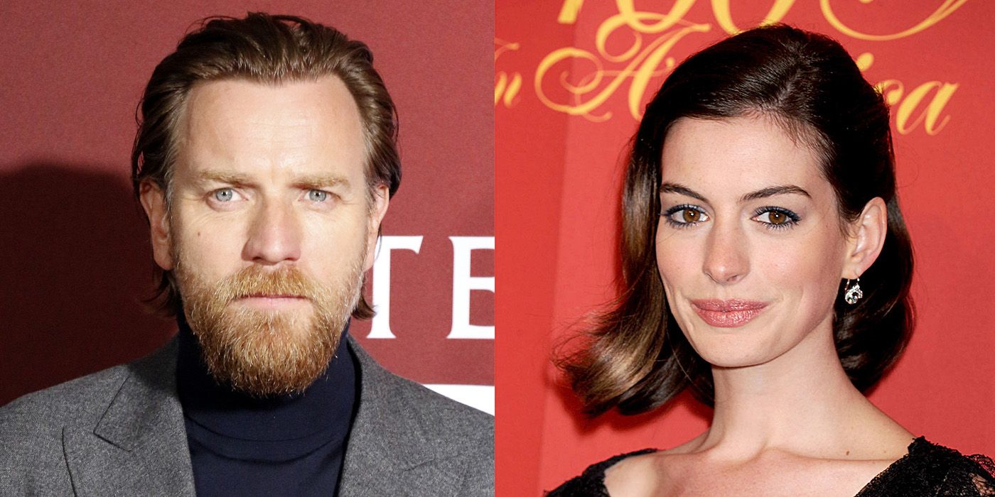 two red carpet images of Anne Hathaway and Ewan McGregor side by side. 