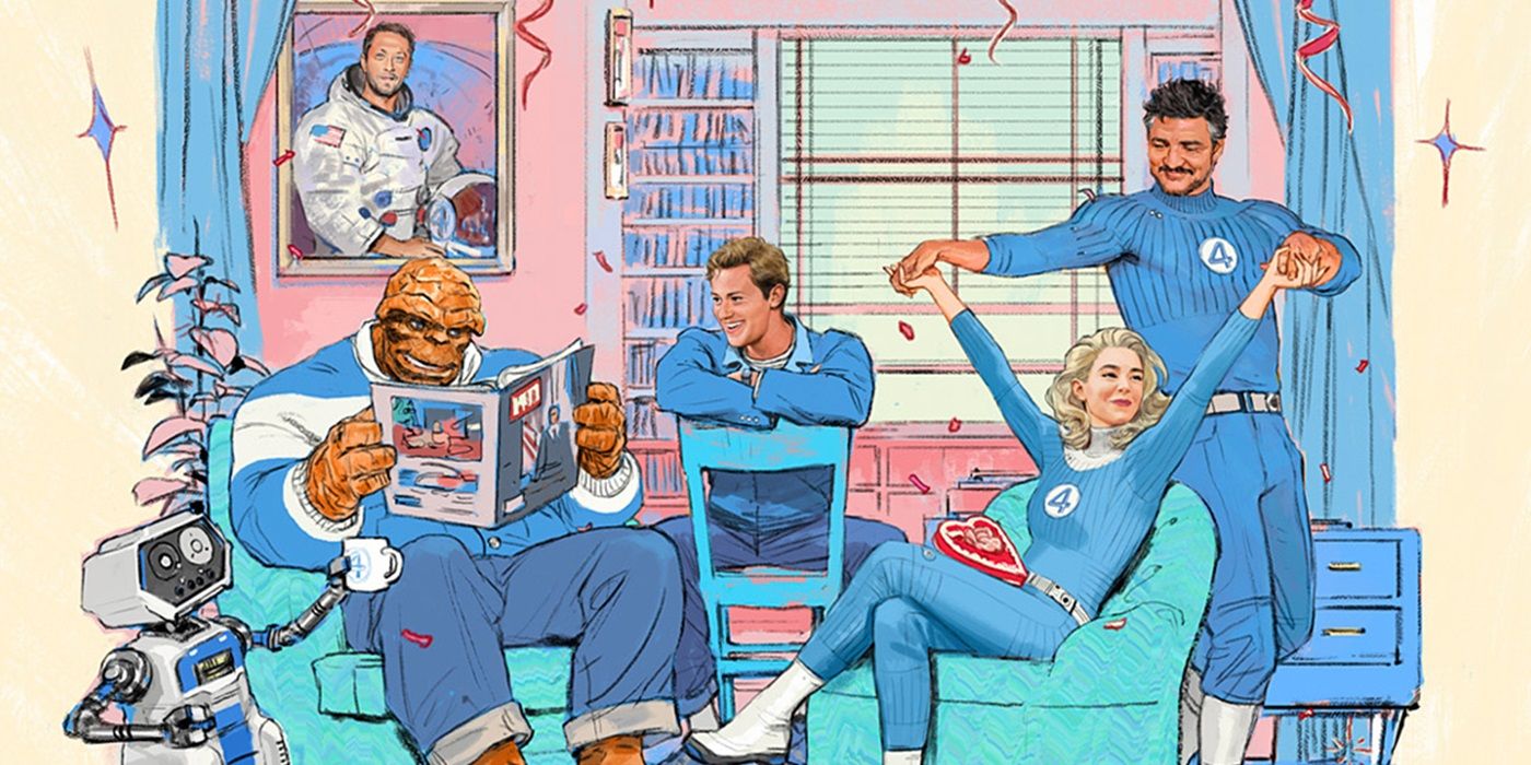 Ebon Moss-Bachrach, Joseph Quinn, Vanessa Kirby, and Pedro Pascal on a cropped poster for Fantastic Four