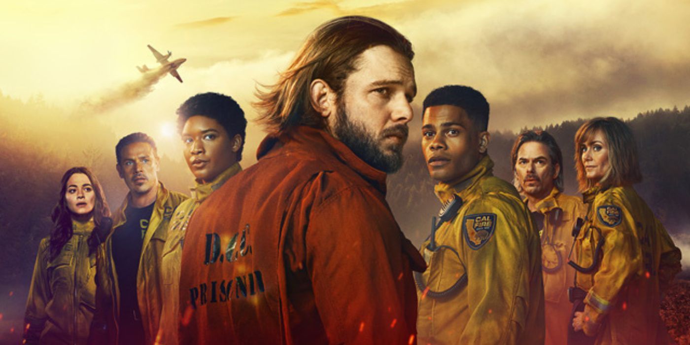 Max Thieriot, Billy Burke, Kevin Alejandro, Diane Farr, Stephanie Arcila, Jordan Calloway, and Jules Latimer on a poster for Fire Country Season 2