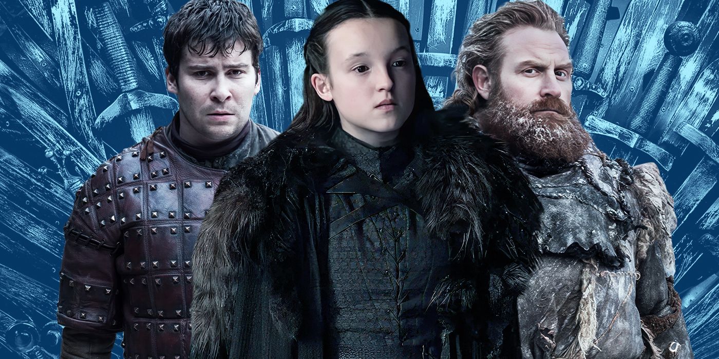A custom image of Game of Thrones characters Podrick Payne (Daniel Portman), Lyanna Mormont (Bella Ramsey), and Tormund Giantsbane (Kristofer Hivju)
