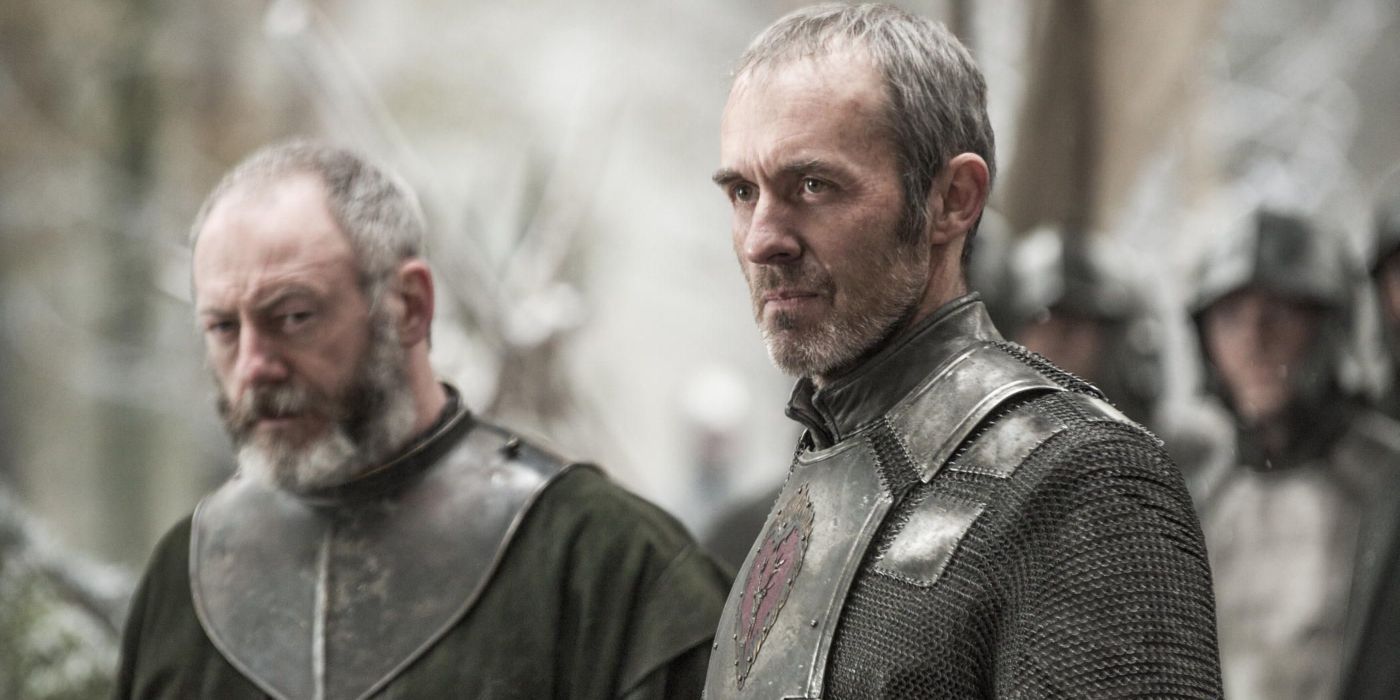 Stephen Dillane as Stannis Baratheon and Liam Cunningham as Davos Seaworth standing side by side in Game of Thrones