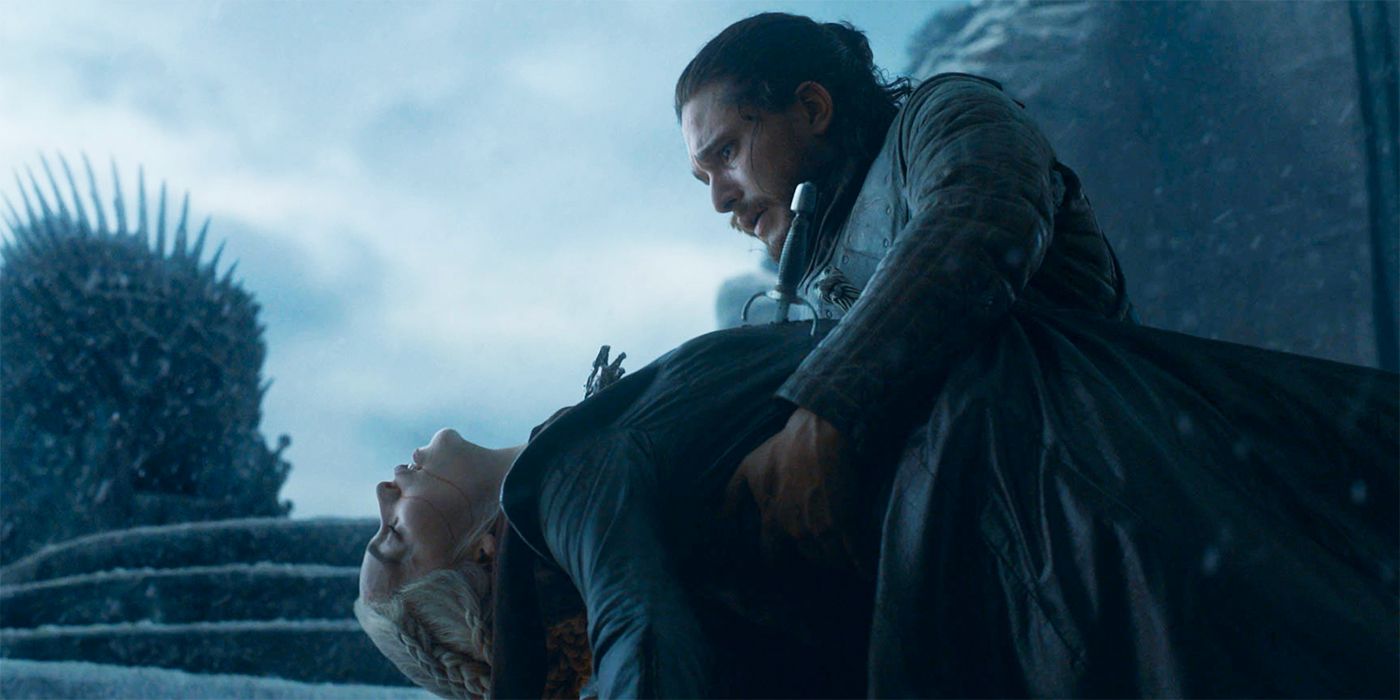 Kit Harington as Jon Snow holding her in his arms after he kills Emilia Clarke as Daenerys in Game of Thrones