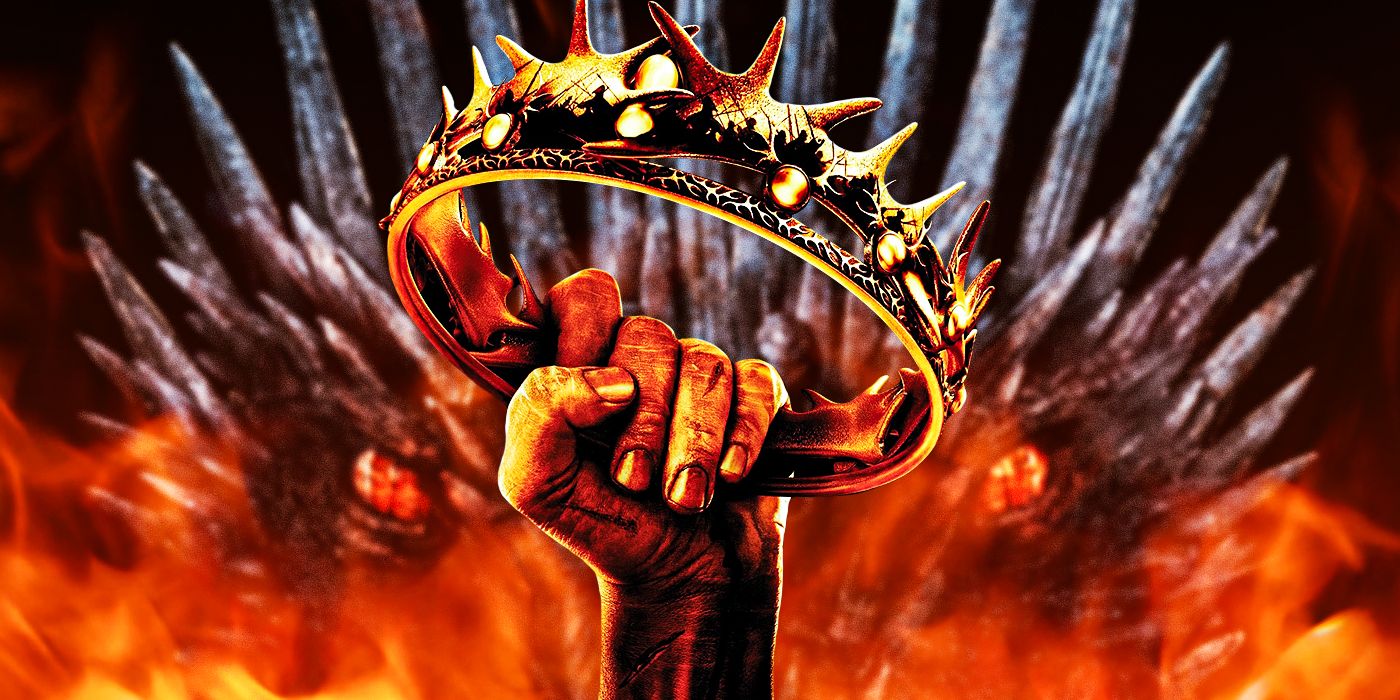 A custom image of a hand holding the crown in front of the Iron Throne from Game of Thrones