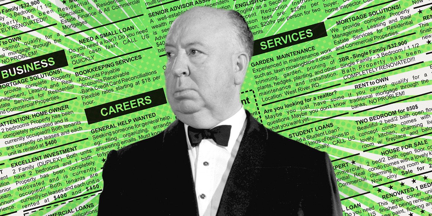 A custom image of Alfred Hitchcock against a newspaper background