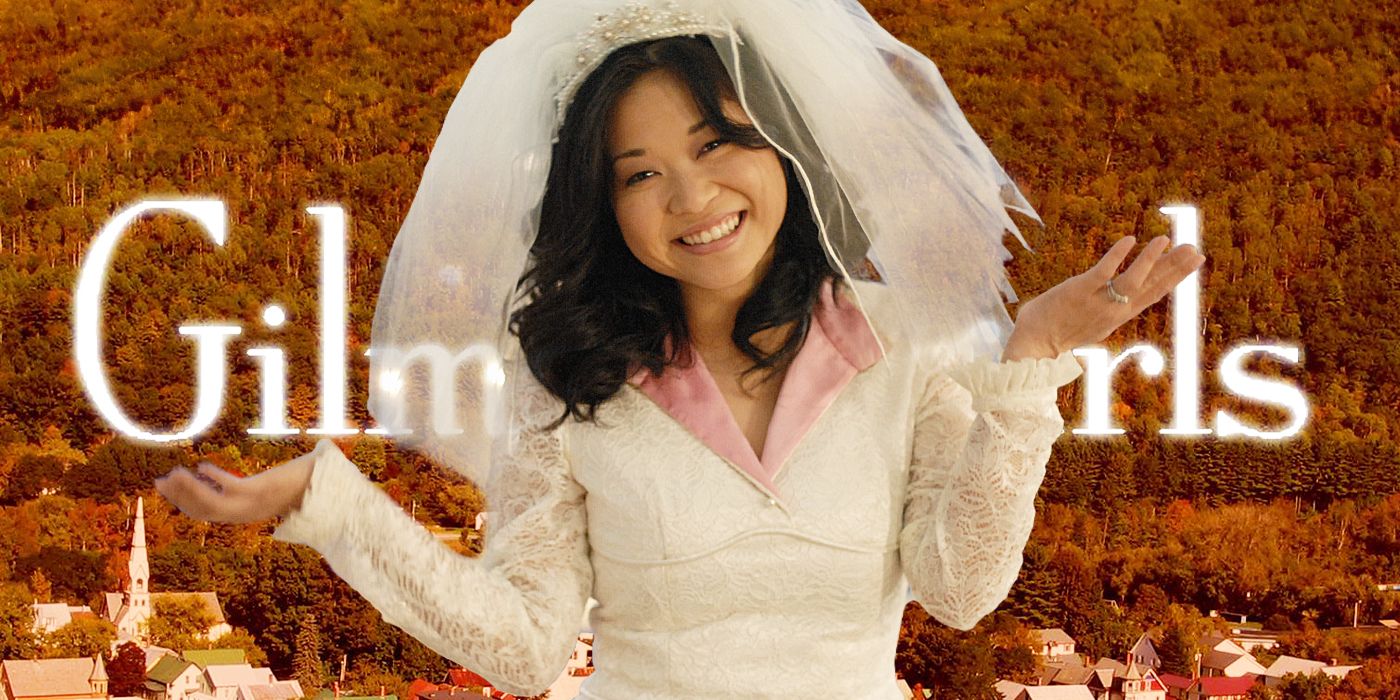 Blended image showing Lane Kim smiling with the Gilmore Girls title card in the background.
