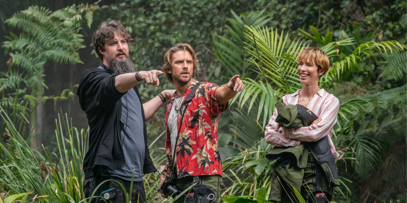 Adam Wingard on the set of Godzilla x Kong: The New Empire with Dan Stevens and Rebecca Hall.