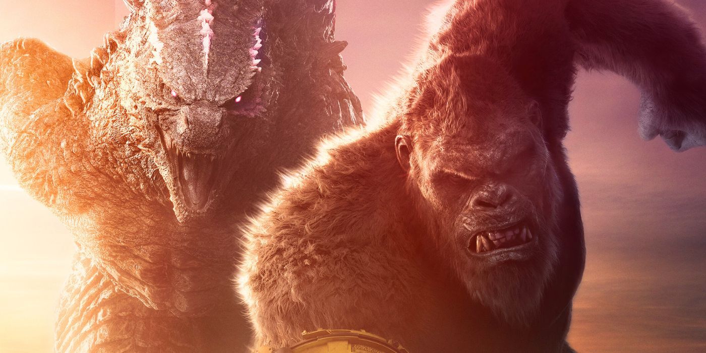 Godzilla y Kong corriendo juntos en un póster recortado de Godzilla x Kong: The New Empire