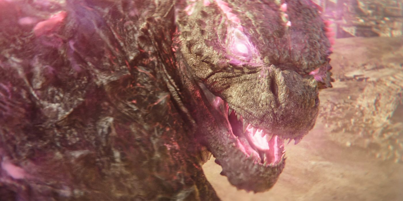 Godzilla lit up with glowing pink eyes and mouth in in Godzilla x Kong: The New Empire