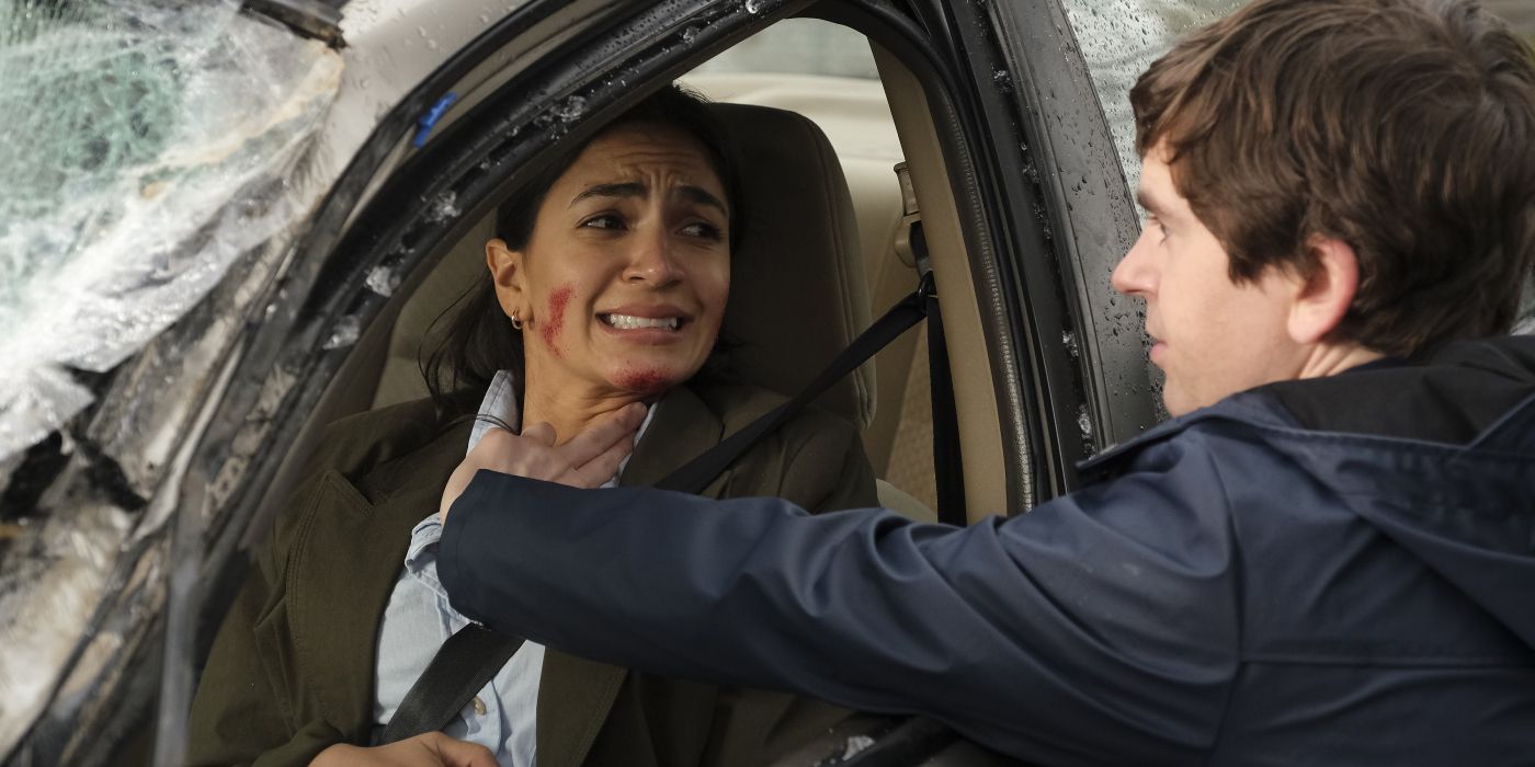 Dr. Murphy helps an injured person in a car in The Good Doctor 