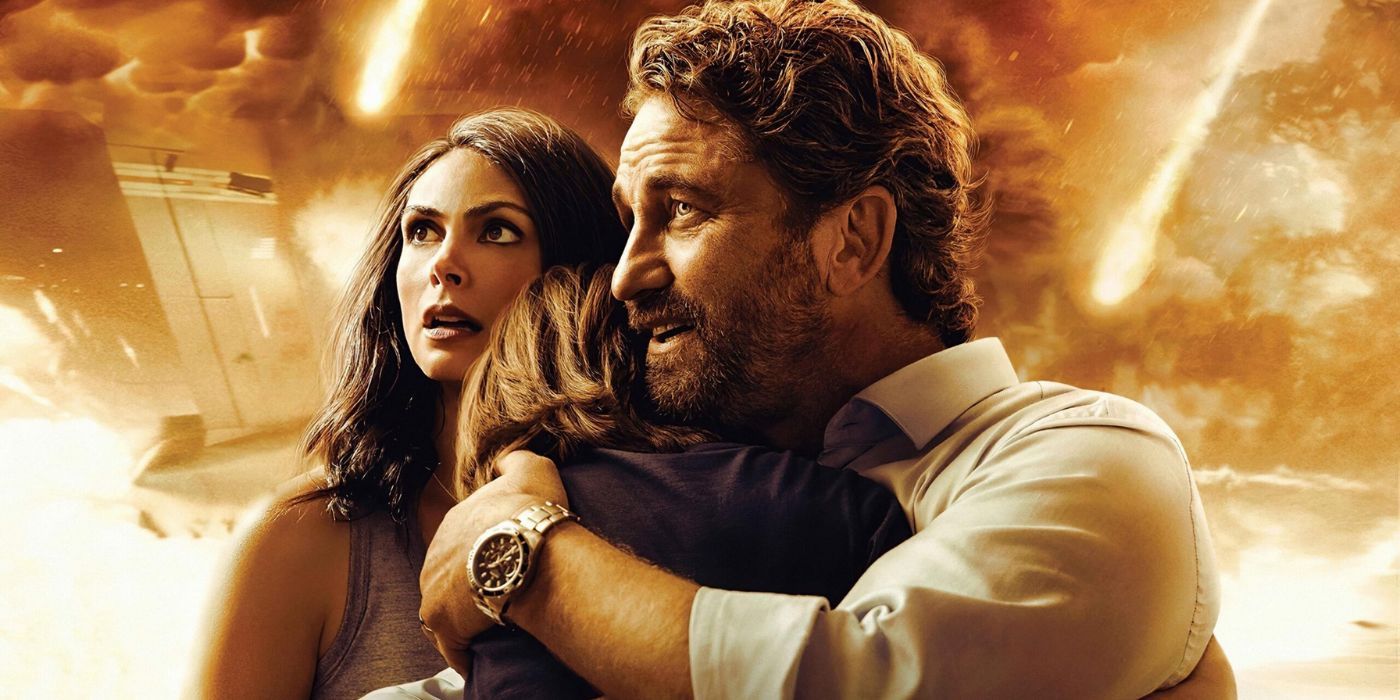 Morena Baccarin and Gerard Butler on the poster for Greenland with orange explosions behind them.