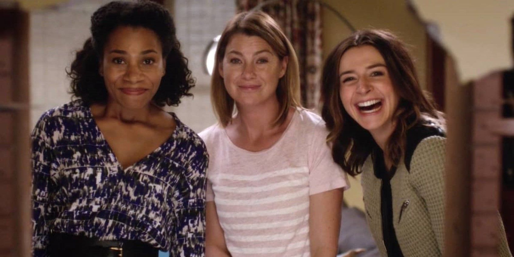 Kelly McCreary, Ellen Pompeo, and Caterina Scorsone as Maggie, Meredith, and Amelia in Grey&rsquo;s Anatomy