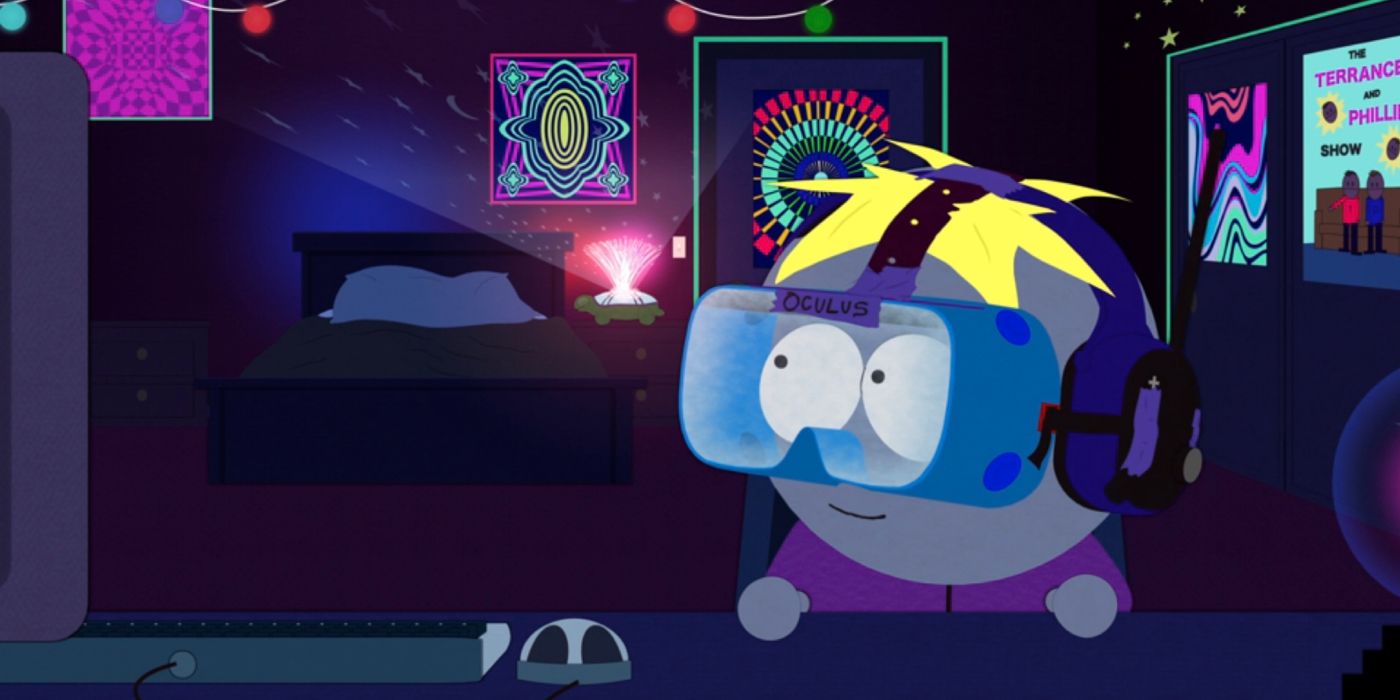 Butters sits in his darkened room, wearing headphones and goggles labeled "Oculus".