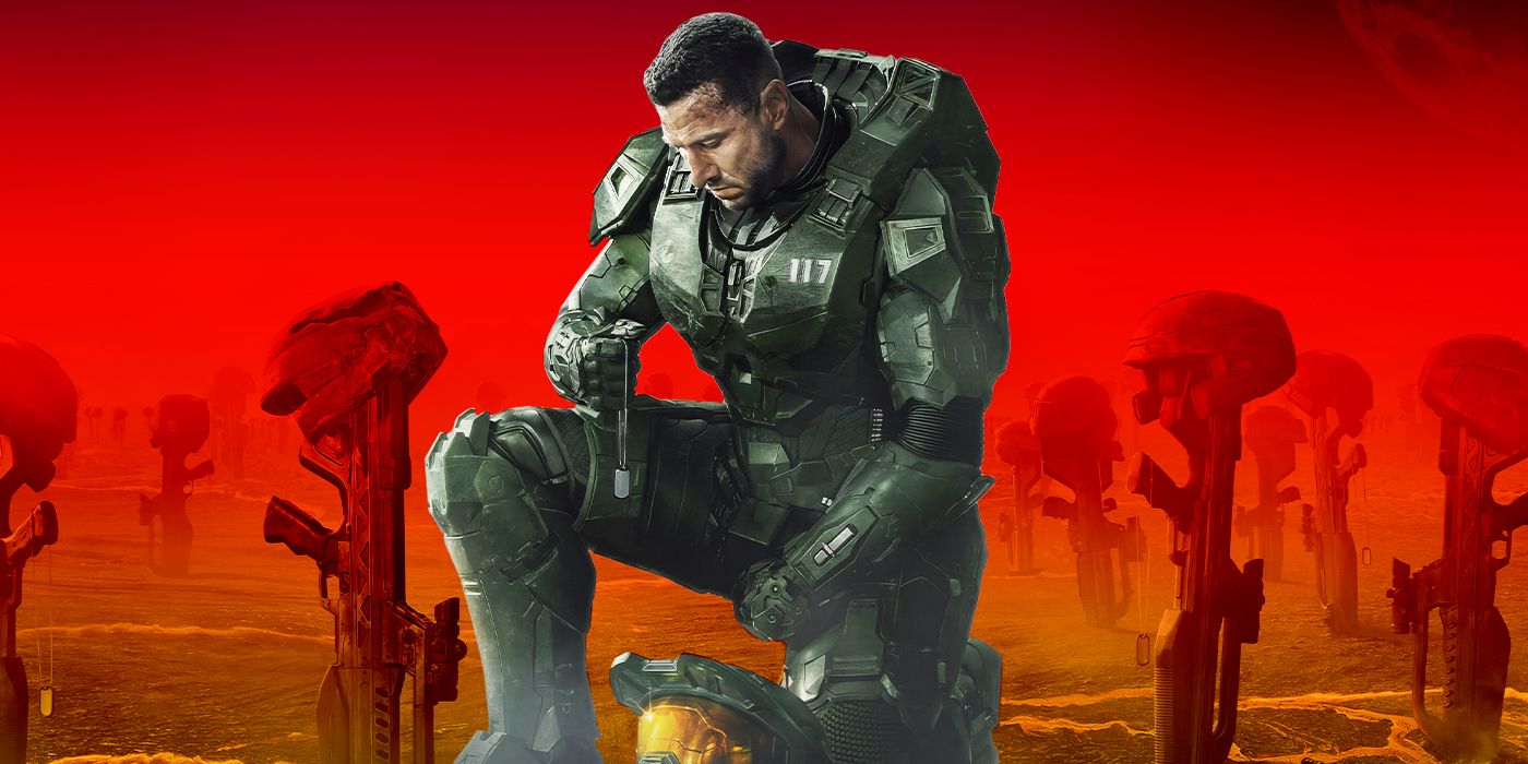 Custom image of Pablo Schreiber as Master Chief kneeling in Halo Season 2