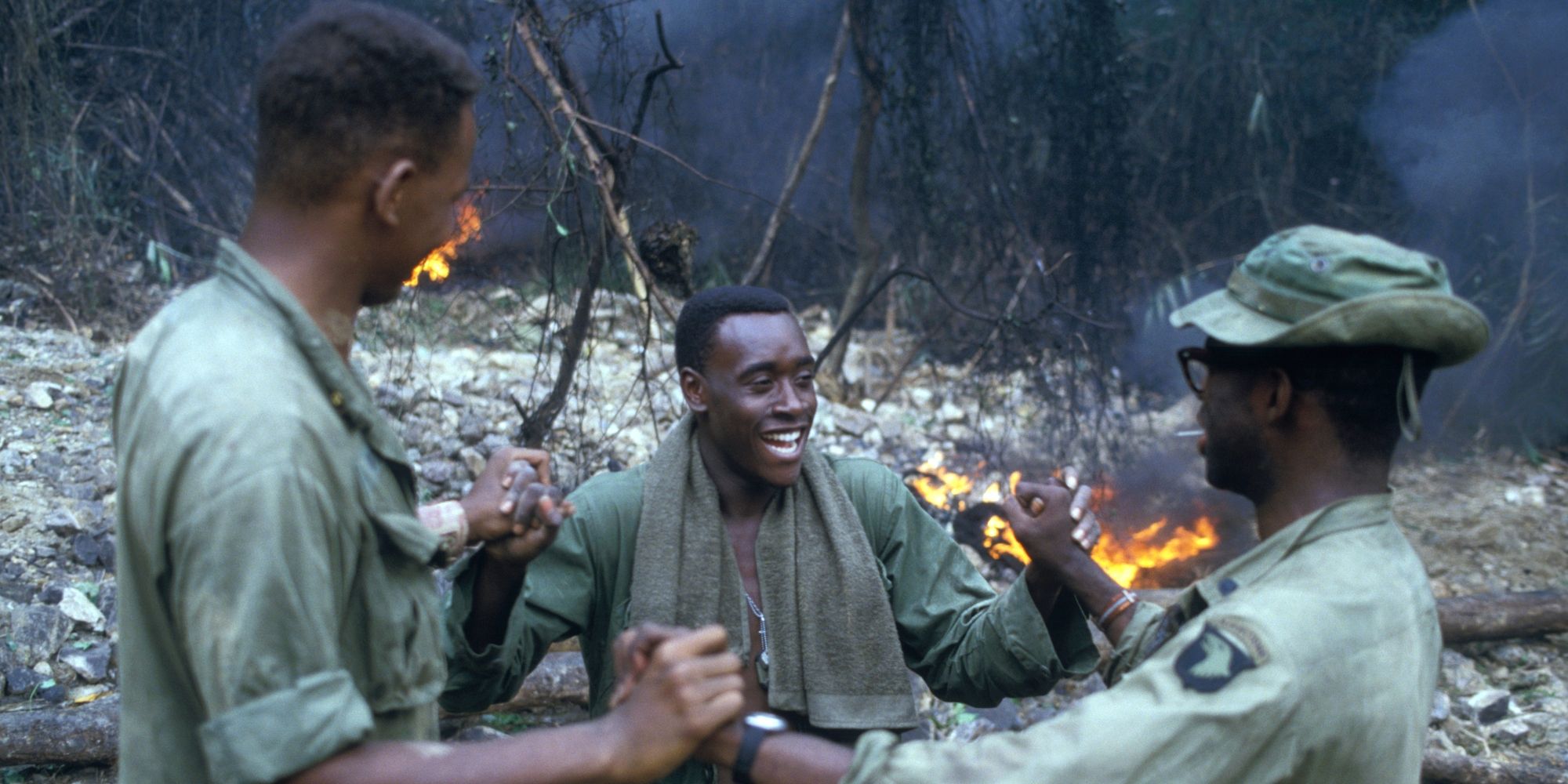 Michael Patrick Boatman as Motown, Don Cheadle as Wash, and Courtney B. Vance  as Doc in 'Hamburger Hill'