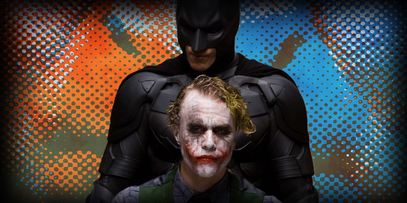 A custom image of Christian Bale's Batman standing behind Heath Ledger's Joker from The Dark Knight