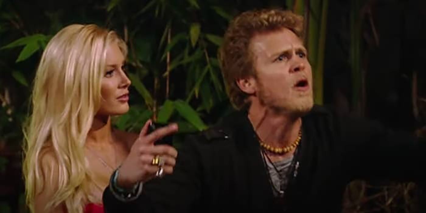 Spencer Pratt yelling at someone, Heidi Montag behind him on The Hills.