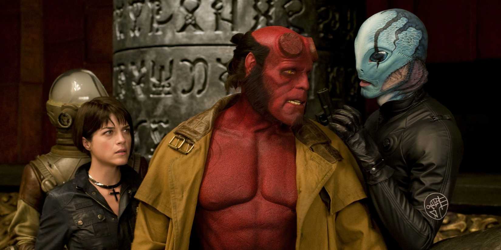 Hellboy stands alongside Abe Sapien and Liz Sherman in 'Hellboy II: The Golden Army'.