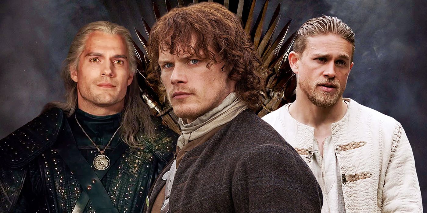 A custom image of Henry Cavill from The Witcher, Sam Heughan from Outlander, and Charlie Hunnam from King Arthur