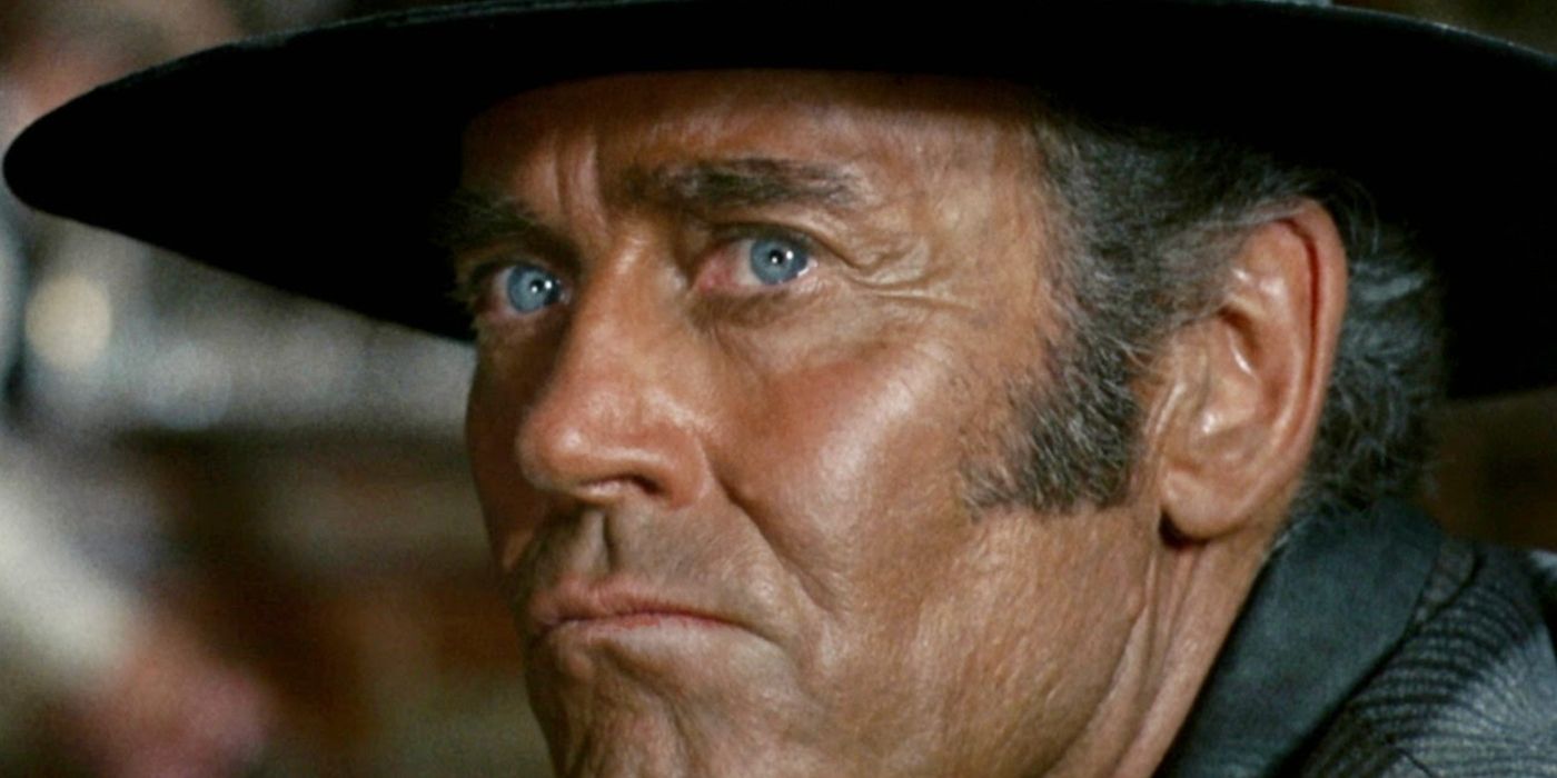Close up of Henry Fonda as Frank, looking concernedly at something offscreen in Once Upon a Time in the West