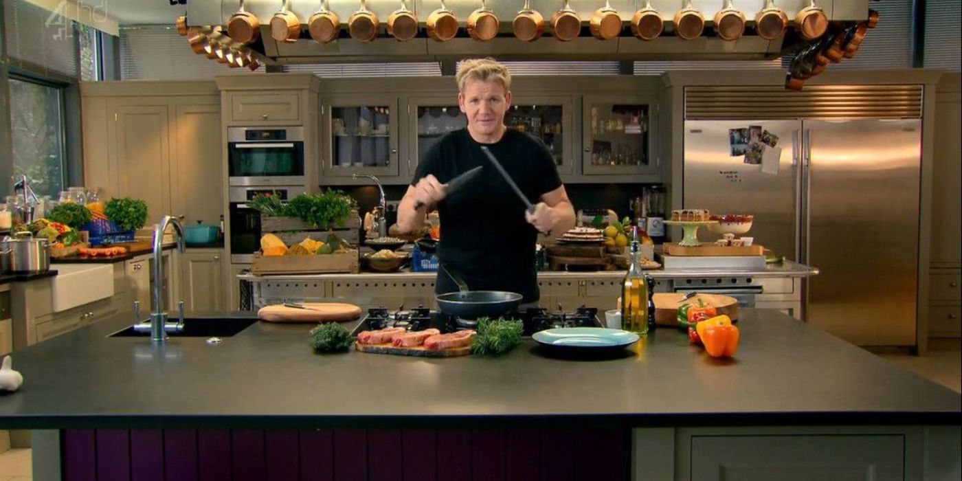 Gordon sharpens his knives in his kitchen