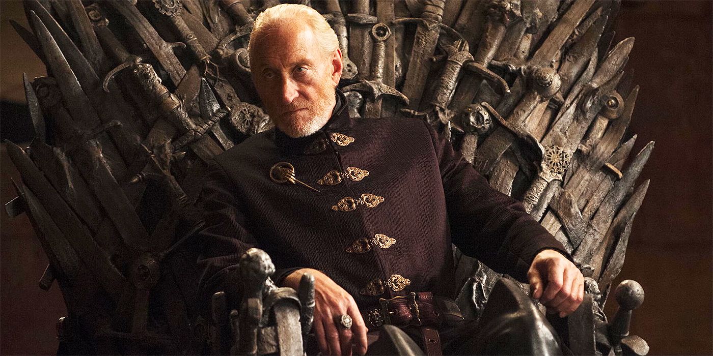 Tywin Lannister sits on the Iron Throne as Hand of the King in Game of Thrones Season 4