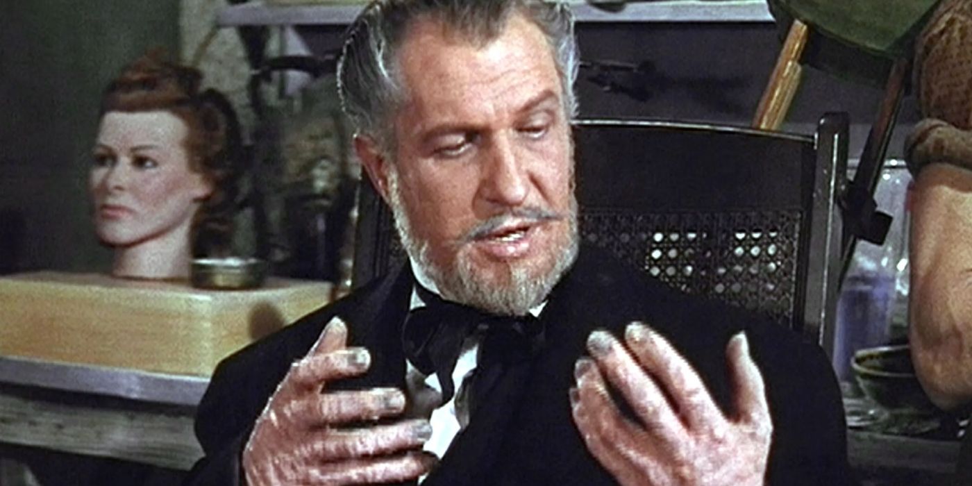 Vincent Price as Professor Henry Jarrod, looking at his withered hands in House of Wax