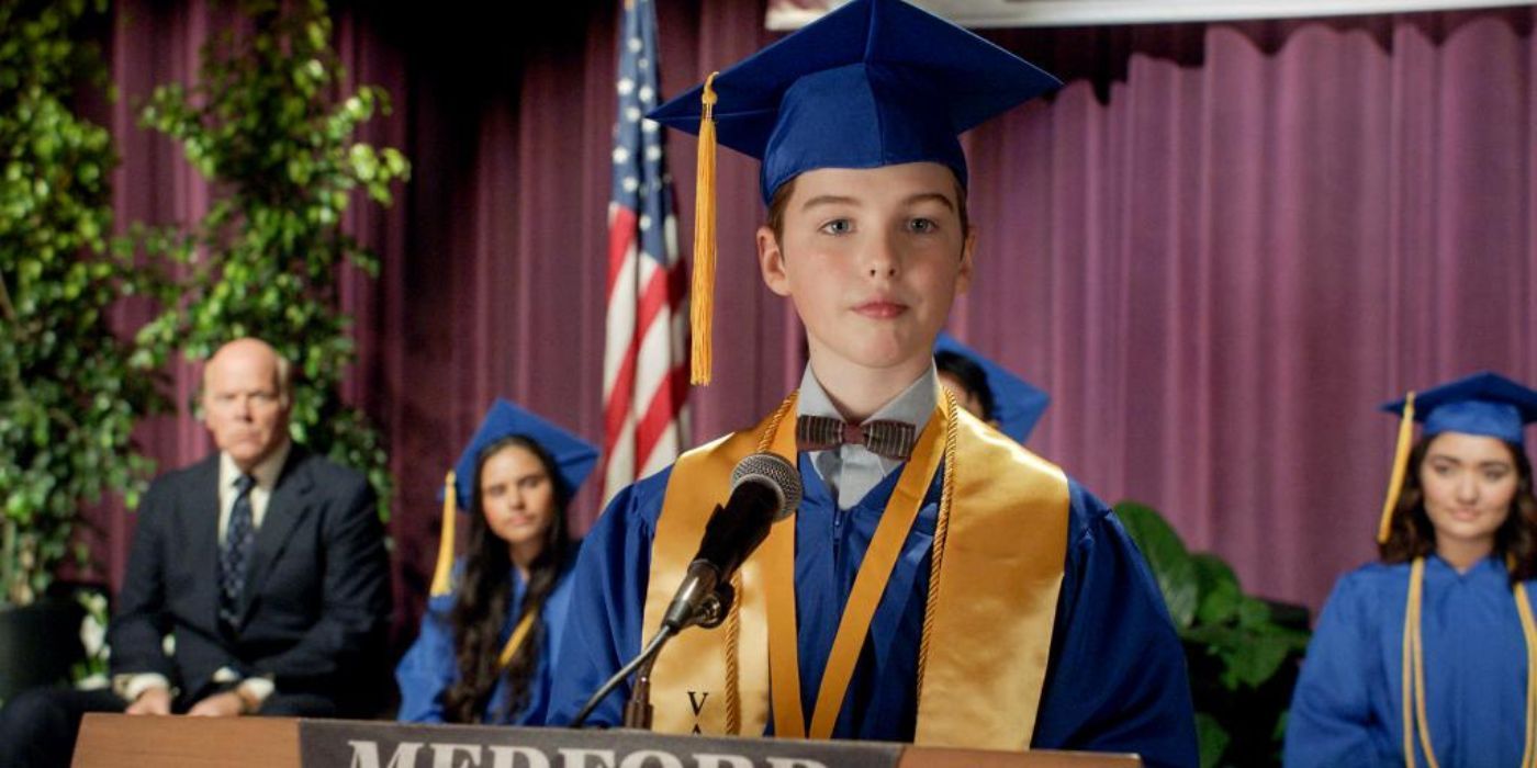 Sheldon at his high school graduation giving the valedictorian speech in Young Sheldon