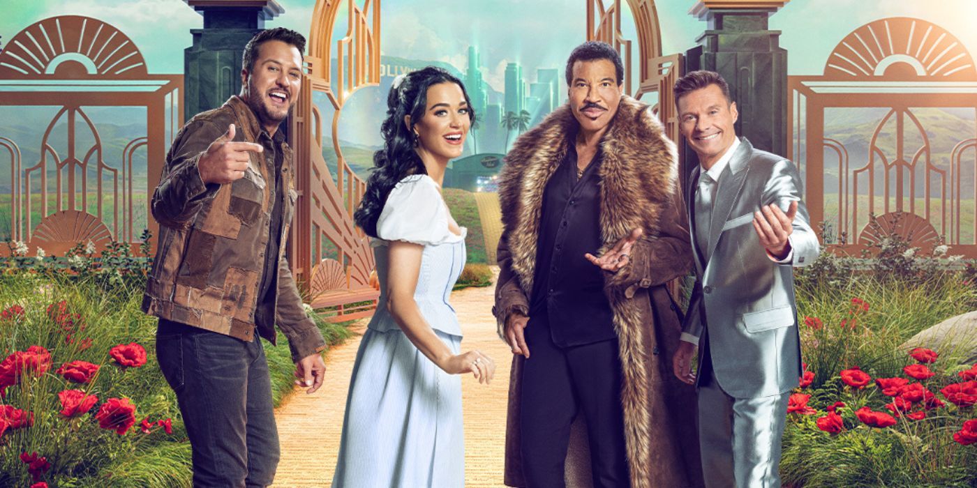 Luke Bryan, Katy Perry, Lionel Richie, and Ryan Seacrest dressed up as the Scarecrow, Dorothy, the Cowardly Lion, and the Tin Man on the poster for American Idol Season 22. 