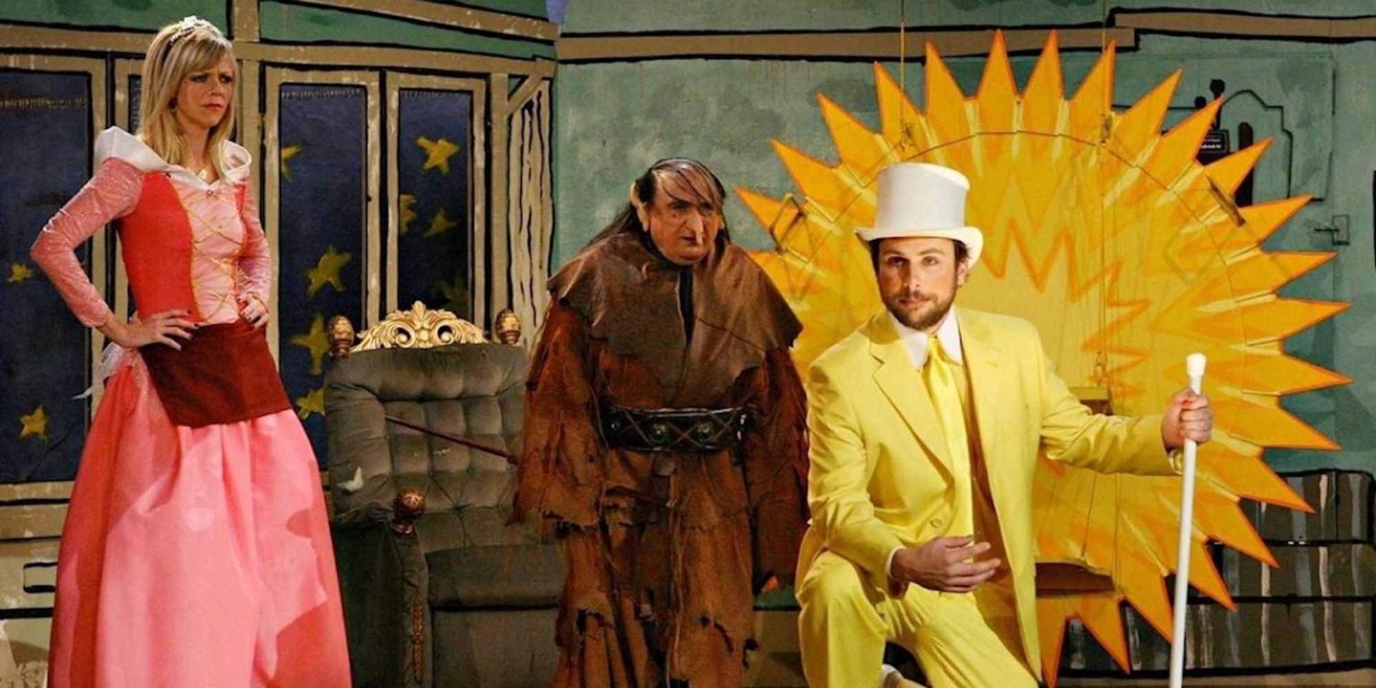 Charlie Day, Danny DeVito, and Kaitlin Olsen in the Dayman play in It's Always Sunny in Philadelphia