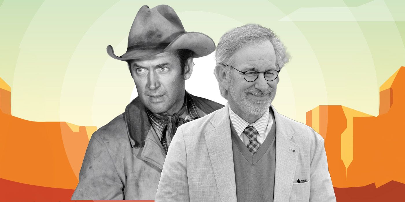 Black and white images of Jimmy Stewart, wearing a cowboy hat and looking intensely to the left, and a smiling Steven Spielberg looking to the right, against a orange and yellow background