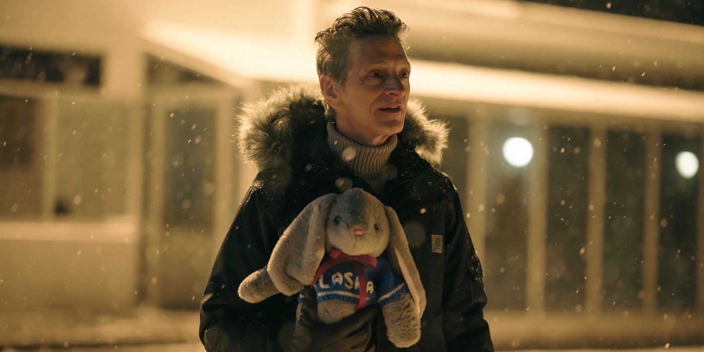 John Hawkes as Hank Prior holding a stuffed bunny in True Detective: Night Country.