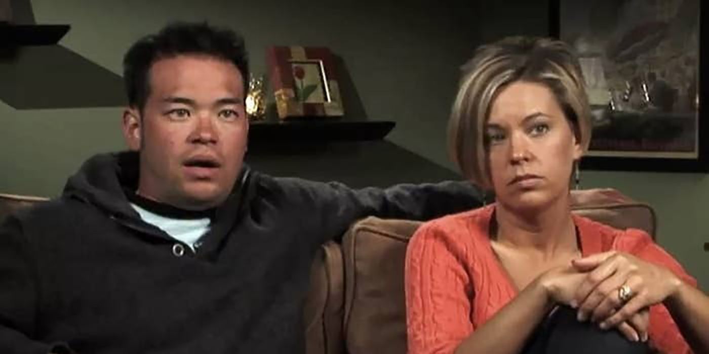 Jon and Kate Gosselin sitting together in Jon and Kate Plus 8, looking upset.