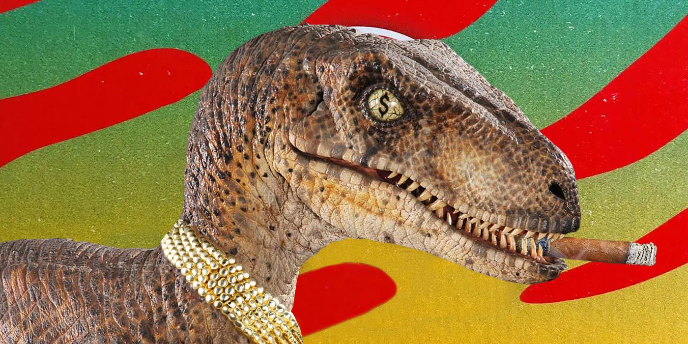 Blended image showing a dinosaur with a pearl necklace and a dollar sign on its eye while smoking a cigar,