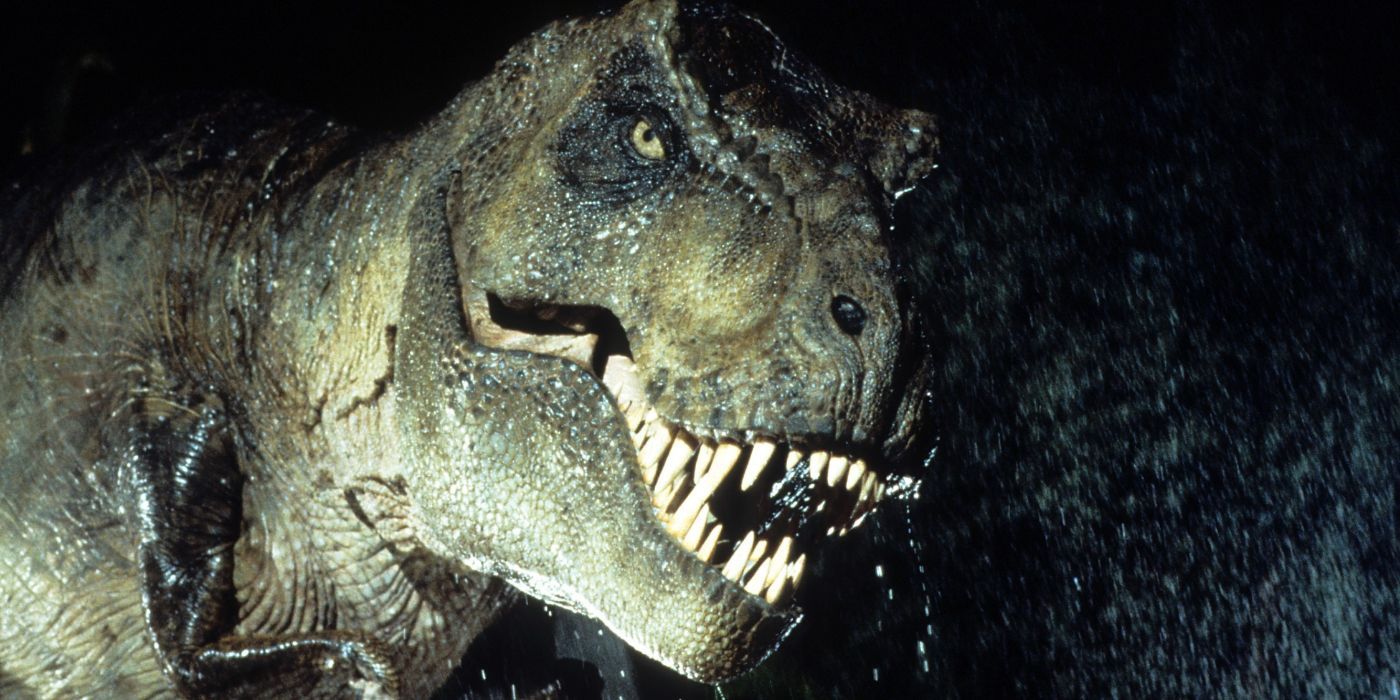 The T-Rex from Jurassic Park in the rain