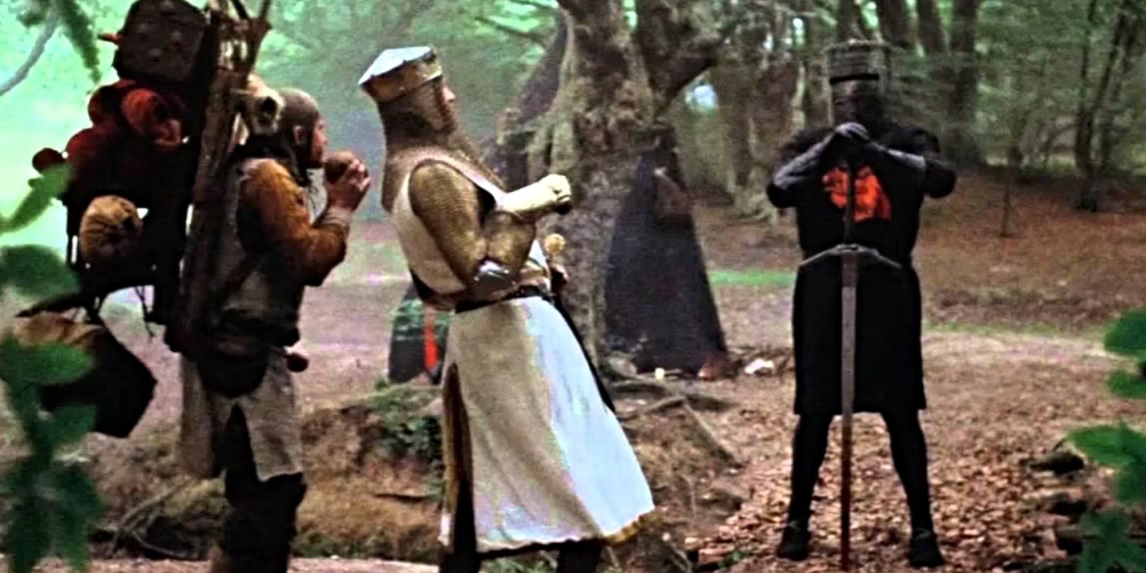 King Arthur (Graham Chapman) crosses the Black Knight (John Cleese) in Holy Grail
