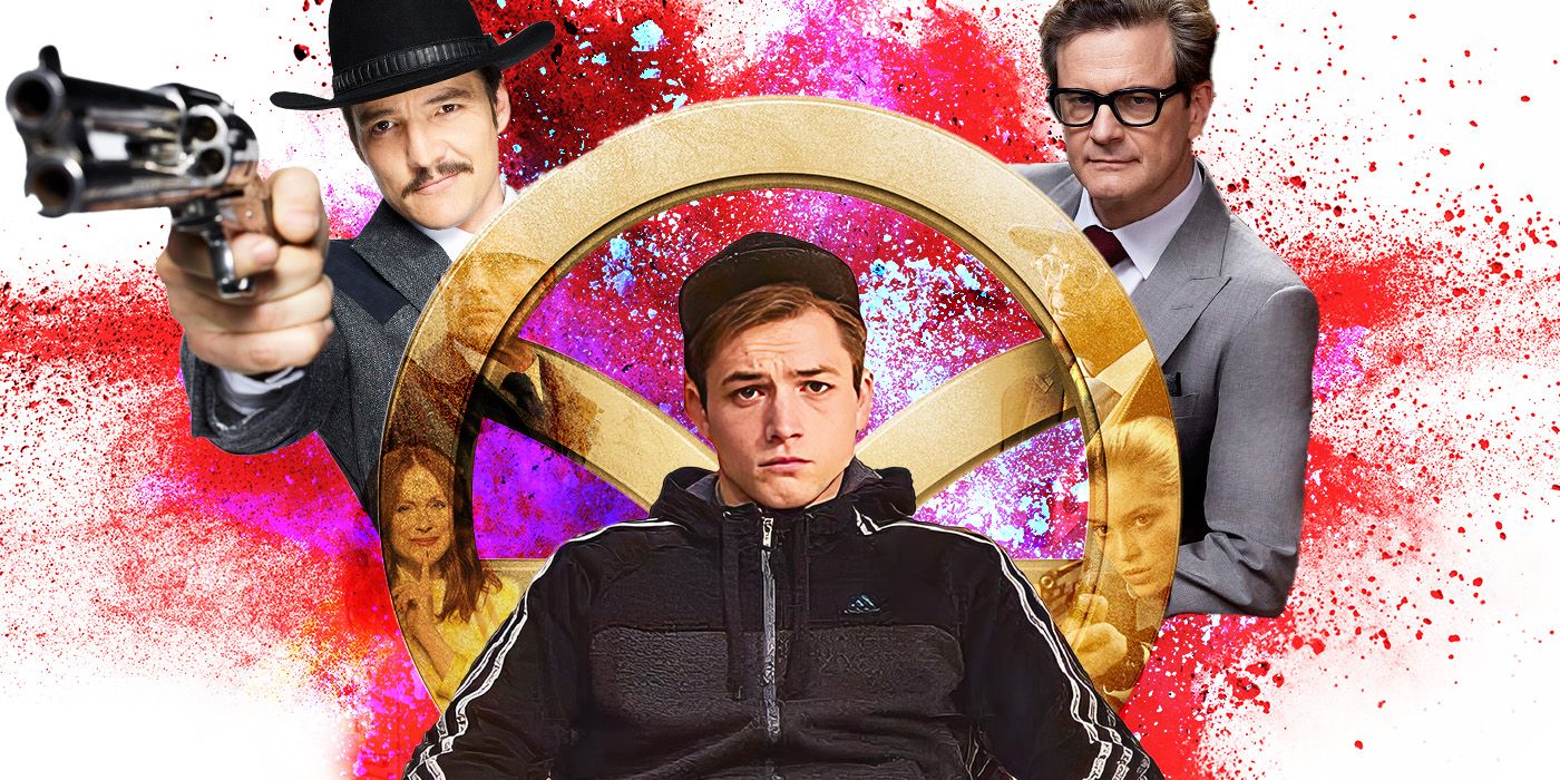 Pedro Pascal, Taron Egerton, and Colin Firth as their Kingsman characters, in front of splattered backdrop