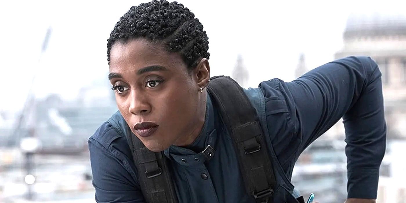 Lashana Lynch as Nomi on a rooftop in No Time to Die