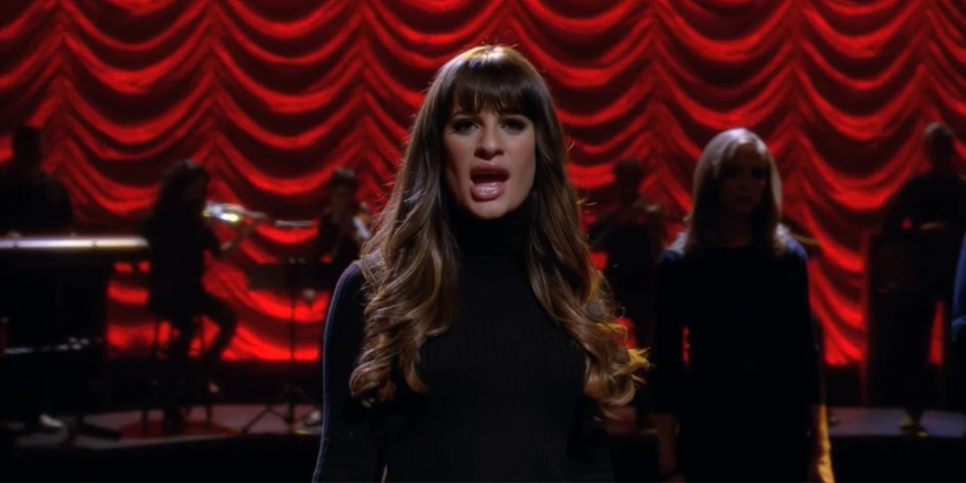 Rachel Berry singing a song on stage in Glee