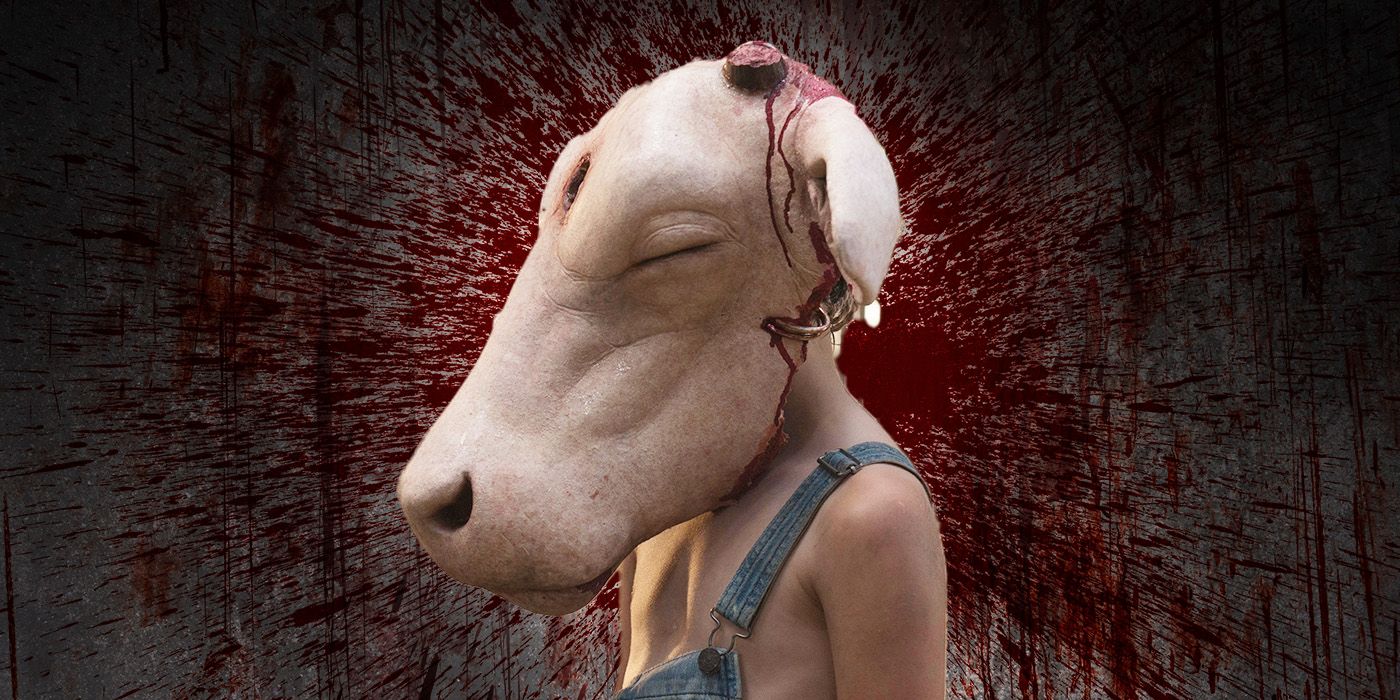 A cow's head on a human body in Leatherface custom image