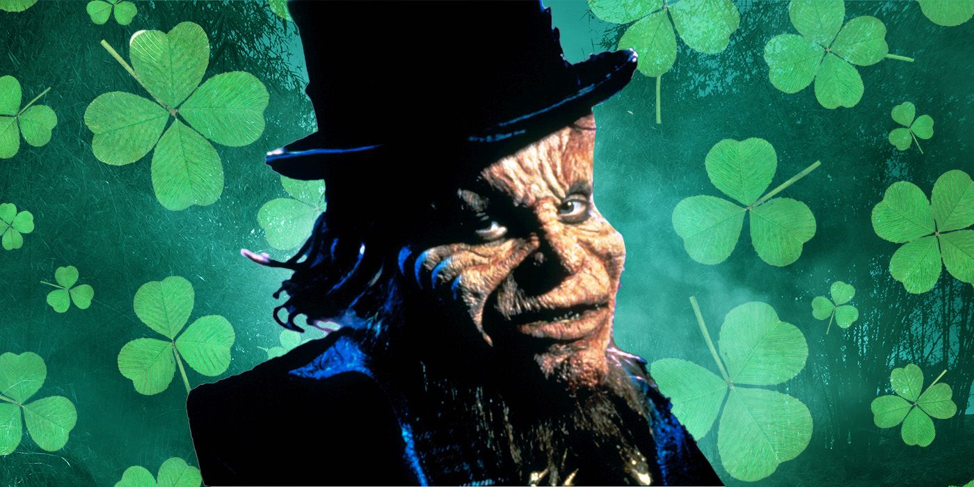 Feature image of the leprechaun from Leprechaun with shamrocks in the background