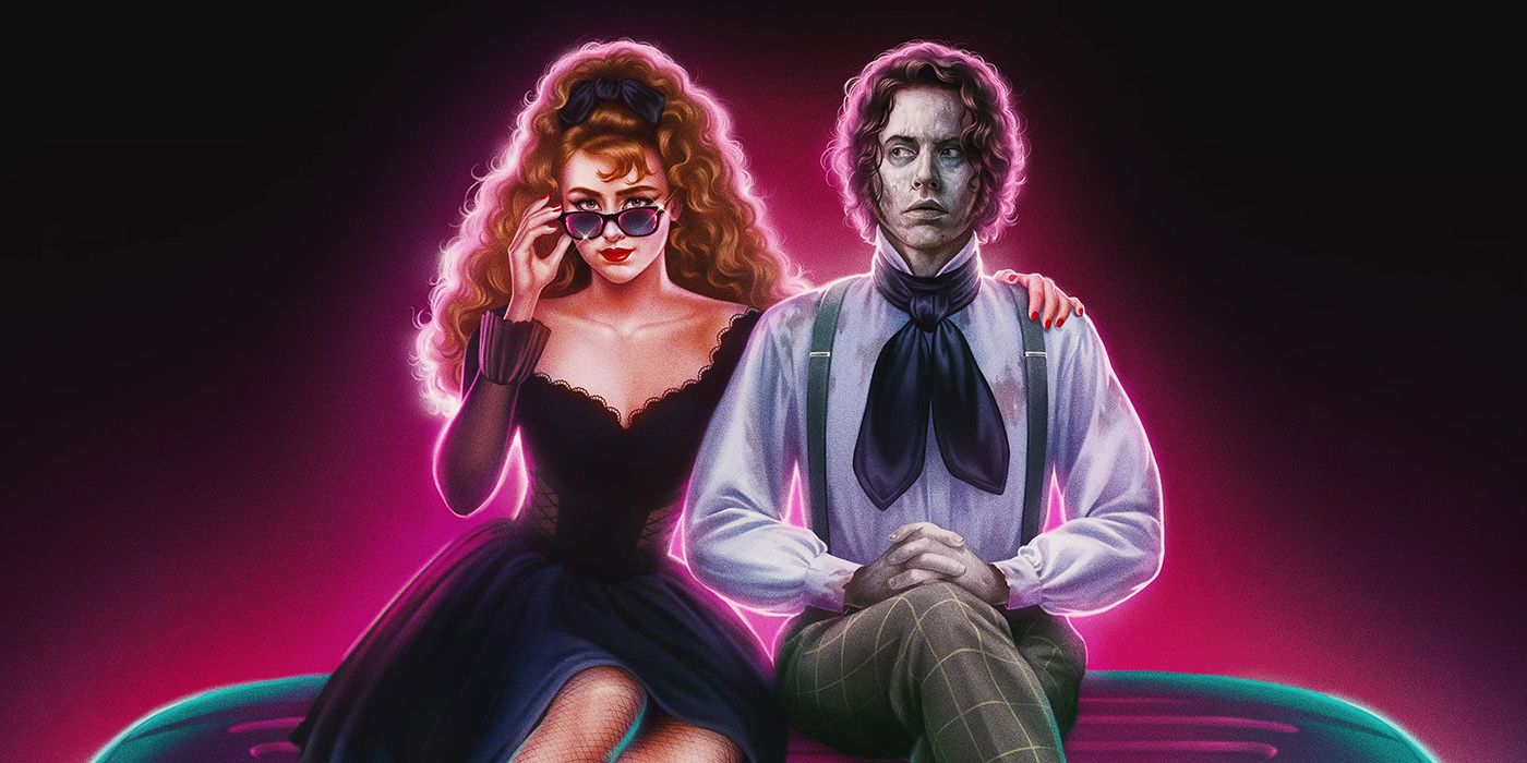Kathryn Newton and Cole Sprouse sitting on top of a car in the Lisa Frankenstein poster
