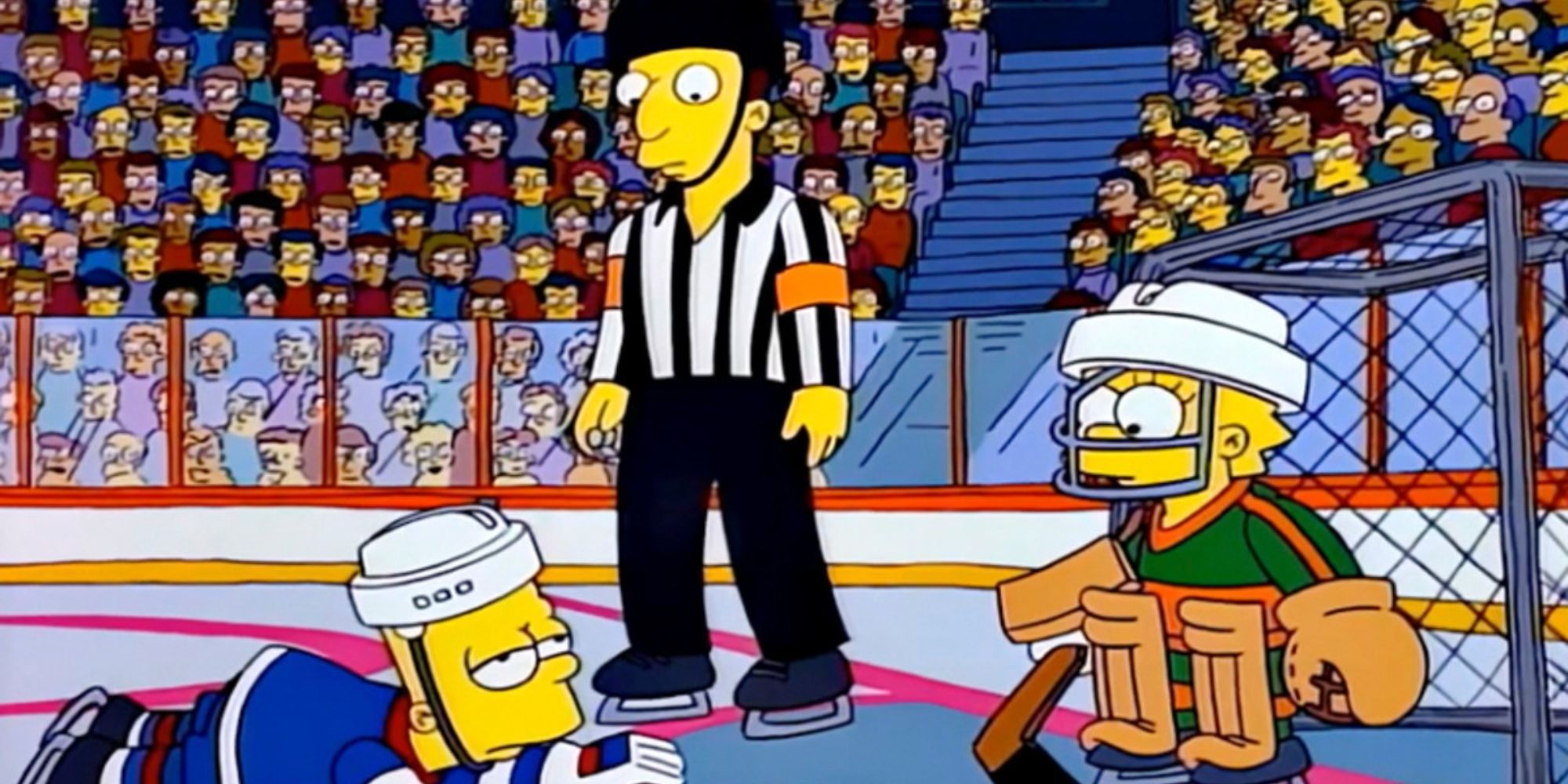 Bart falls on the ice and Lisa is the goalkeeper in The Simpsons