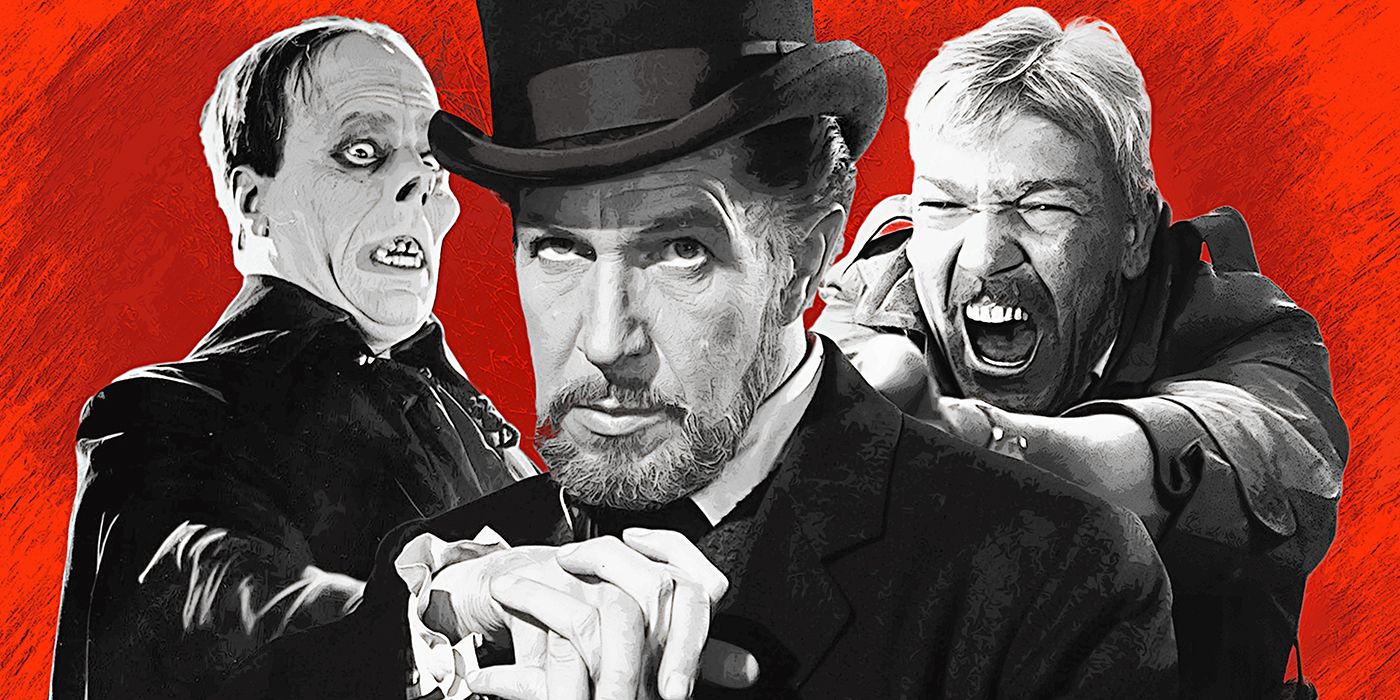 Feature image of Lon Chaney, Vincent Price and Tom Atkins in black and white with a red background
