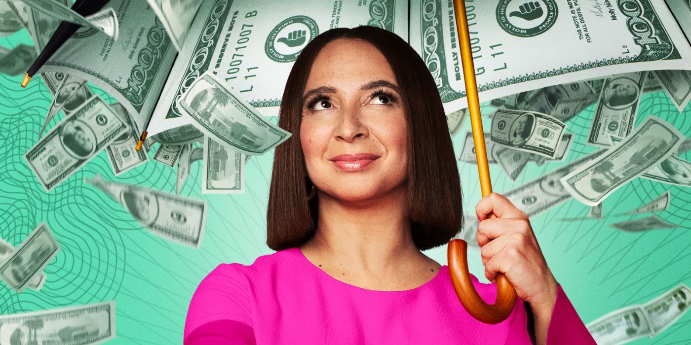 Maya Rudolph holding an umbrella full of cash on the poster for Loot Season 2.