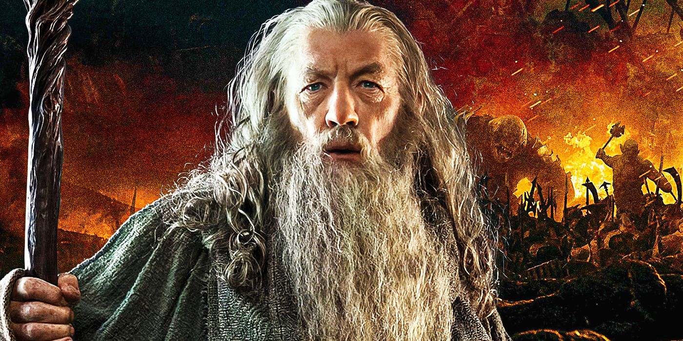 Ian McKellen as Gandalf, standing in front of a battlefield in Lord of the Rings