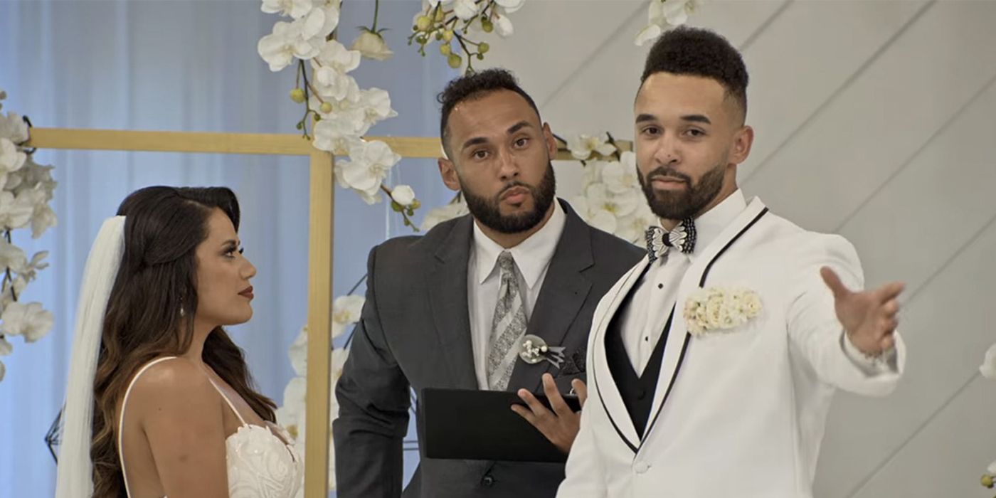 Nancy looking at Bartise while at the altar, him addressing the guests in a scene from Love is Blind.